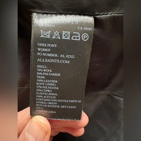 AllSaints Onix Pony Black Wool Coat Tailored Straight Coat Leather Trim Size 2 - Picture 9 of 14